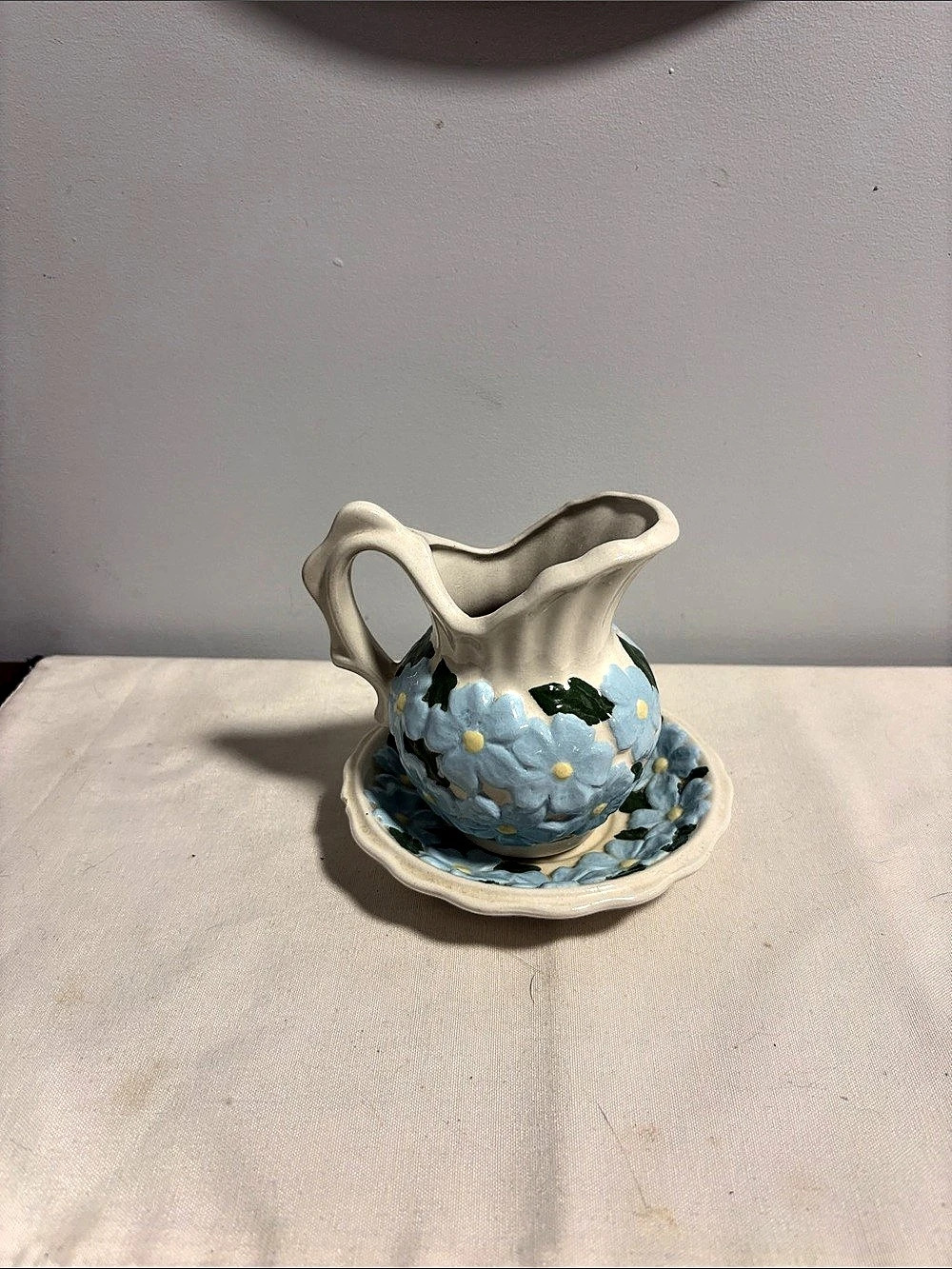 1970’s Floral Blue & White Pitcher with Saucer